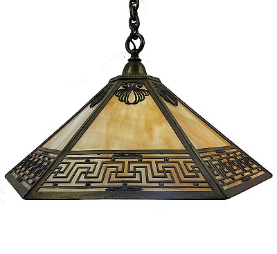 Antique Arts & Crafts Ceiling Fixture with 6-sided Caramel Opalescent Slag Glass - Circa 1910