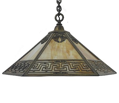 Antique Arts & Crafts Ceiling Fixture with 6-sided Caramel Opalescent Slag Glass - Circa 1910