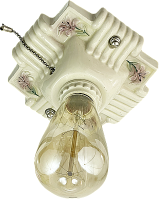 Antique "Porcelier" Porcelain Ceiling Light Fixture with Lavender Floral Motif - Circa 1930