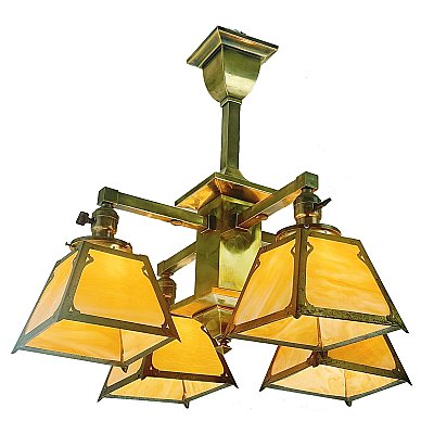 Antique Arts & Crafts Ceiling Light Fixture with Slag Glass Shades - Circa 1910