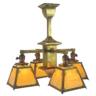 Antique Arts & Crafts Ceiling Light Fixture with Slag Glass Shades - Circa 1910