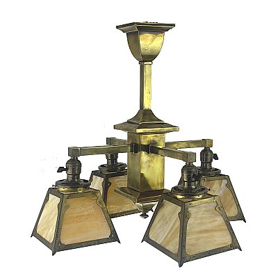 Antique Arts & Crafts Ceiling Light Fixture with Slag Glass Shades - Circa 1910