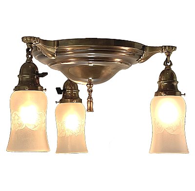 Antique 3-Light Flush Mount Brass Pan Ceiling Light Fixture - Circa 1910