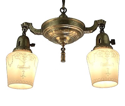 Antique 2-Light Brass Pan Ceiling Light Fixture - Circa 1920