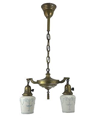 Antique 2-Light Brass Pan Ceiling Light Fixture - Circa 1920