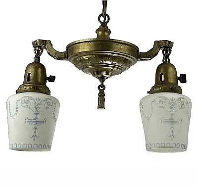 Antique 2-Light Brass Pan Ceiling Light Fixture - Circa 1920