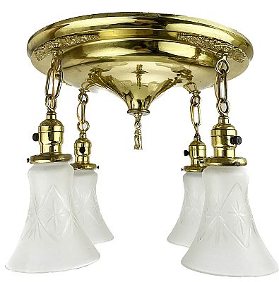 Antique 4-Light Polished Brass Pan Ceiling Light Fixture - Circa 1920