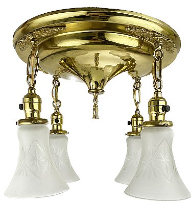 Antique 4-Light Polished Brass Pan Ceiling Light Fixture - Circa 1920
