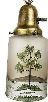 Antique 2-Light Wrought Bronze Pan Ceiling Light Fixture with Hand Painted Shades - Circa 1920
