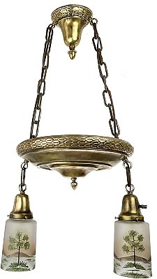 Antique 2-Light Wrought Bronze Pan Ceiling Light Fixture with Hand Painted Shades - Circa 1920