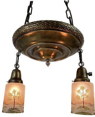 Antique 2-Light Wrought Bronze Pan Ceiling Light Fixture with Hand Painted Shades - Circa 1920