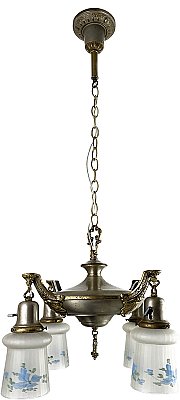 Antique 4-Light Dual Tone Pan Ceiling Light Fixture with Reverse Painted Shades - Circa 1920