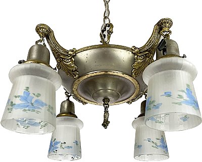 Antique 4-Light Dual Tone Pan Ceiling Light Fixture with Reverse Painted Shades - Circa 1920