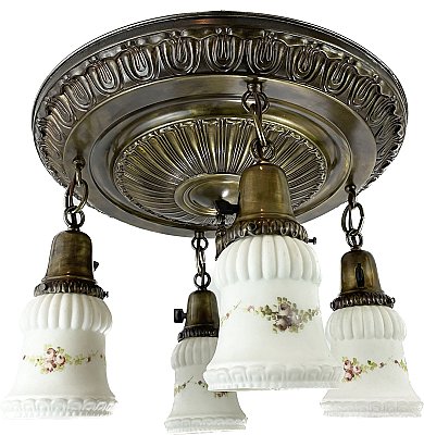 Antique 4-Light Antique Brass Pan Ceiling Light Fixture with Hand-Painted Shades - Circa 1920