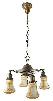 Antique Brass 4 Light Pan Ceiling Light Fixture with Bisque Shades - Circa 1920