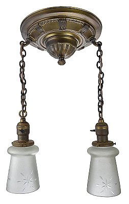 Antique Brass 2 Light Pan Ceiling Light Fixture with Etched Shades - Circa 1920