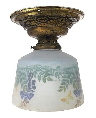 Antique Brass Flush Mount Ceiling Light Fixture with Hand Painted Wisteria Shade - Circa 1920