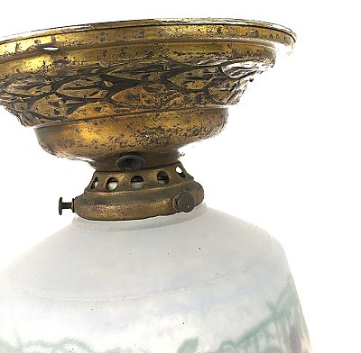 Antique Brass Flush Mount Ceiling Light Fixture with Hand Painted Wisteria Shade - Circa 1920
