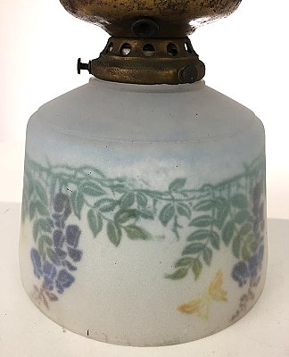 Antique Brass Flush Mount Ceiling Light Fixture with Hand Painted Wisteria Shade - Circa 1920