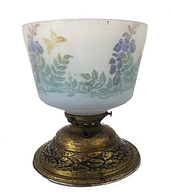Antique Brass Flush Mount Ceiling Light Fixture with Hand Painted Wisteria Shade - Circa 1920
