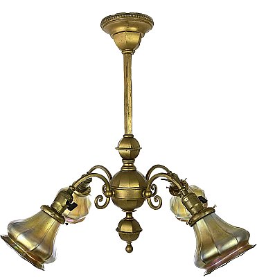 Antique Arts & Crafts Ceiling Light Fixture with Steuben Gold Aurene Shades - Circa 1910