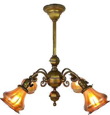 Antique Arts & Crafts Ceiling Light Fixture with Steuben Gold Aurene Shades - Circa 1910