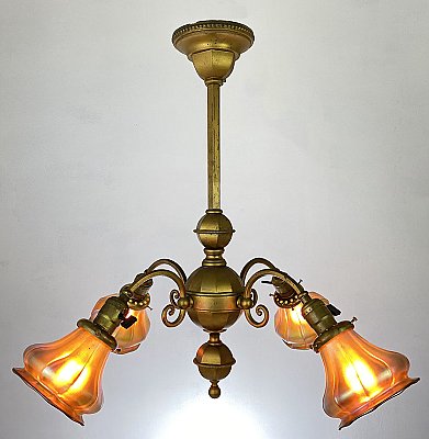 Antique Arts & Crafts Ceiling Light Fixture with Steuben Gold Aurene Shades - Circa 1910