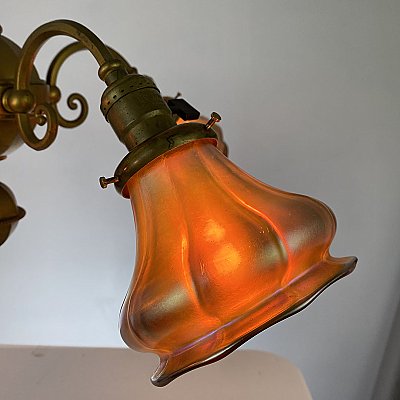 Antique Arts & Crafts Ceiling Light Fixture with Steuben Gold Aurene Shades - Circa 1910