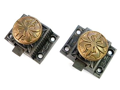 Antique Pair of Cast Iron & Brass Fleur De Lis Cabinet Latches - Missing Keeper