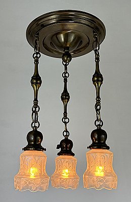 Antique 3-Light Antique Brass Pan Ceiling Light Fixture with Iridescent Shades - Circa 1915