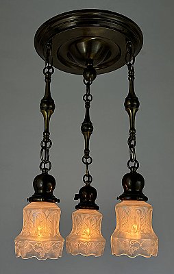 Antique 3-Light Antique Brass Pan Ceiling Light Fixture with Iridescent Shades - Circa 1915