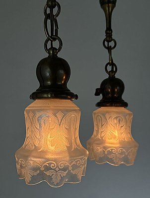 Antique 3-Light Antique Brass Pan Ceiling Light Fixture with Iridescent Shades - Circa 1915