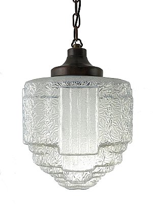 Antique Bronze Finish Pendant Ceiling Light Fixture with Art Deco Opal Glass Shade - Circa 1920
