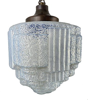 Antique Bronze Finish Pendant Ceiling Light Fixture with Art Deco Opal Glass Shade - Circa 1920