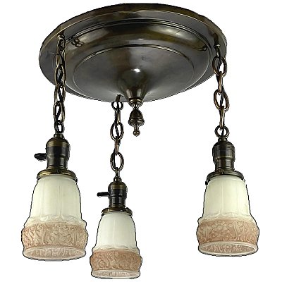 Antique 3-Light Flush Mount Brass Pan Ceiling Light Fixture - Circa 1910
