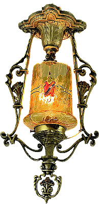 Antique Polychrome Hall Ceiling Light Fixture with Amber Glass - Circa 1935