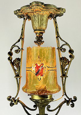 Antique Polychrome Hall Ceiling Light Fixture with Amber Glass - Circa 1935