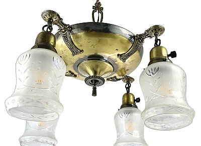 Antique 4-Light Antique Brass Pan Ceiling Light Fixture - Circa 1920