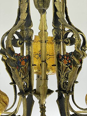 Antique Polychrome 5-Light Ceiling Light Fixture with Crackle Glass Shades - Circa 1925