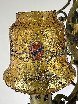 Antique Polychrome 5-Light Ceiling Light Fixture with Crackle Glass Shades - Circa 1925