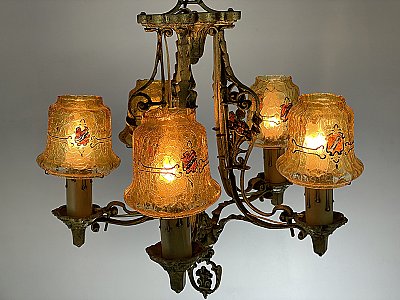 Antique Polychrome 5-Light Ceiling Light Fixture with Crackle Glass Shades - Circa 1925