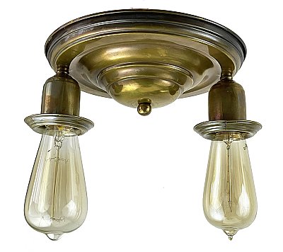 Antique Wrought Brass Flush Mount Two Light Ceiling Light Fixture - Circa 1920