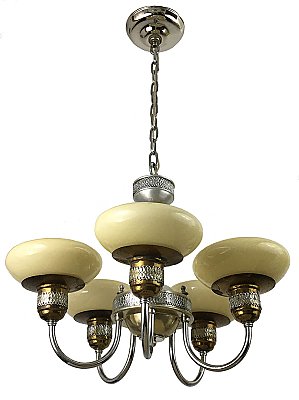 Antique Dual Finish 5-Arm Ceiling Light Lantern Fixture by Gill Glass & Fixture Co. with Custard Shades - Circa 1938
