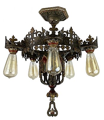 Antique Polychrome Cast Iron Gothic Revival Ceiling Light Fixture - Circa 1930
