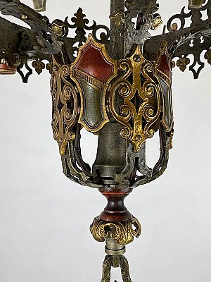 Antique Polychrome Cast Iron Gothic Revival Ceiling Light Fixture - Circa 1930