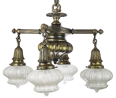 Antique Brass Sheffield Style 4 Light Ceiling Light Fixture with Shades - Circa 1910