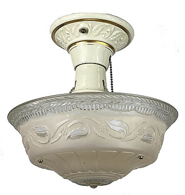 Cream Antique Semi-Flush Mount Bowl Ceiling Light Fixture with Three Chains - Circa 1930
