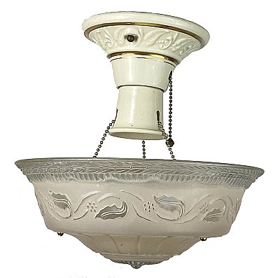 Cream Antique Semi-Flush Mount Bowl Ceiling Light Fixture with Three Chains - Circa 1930