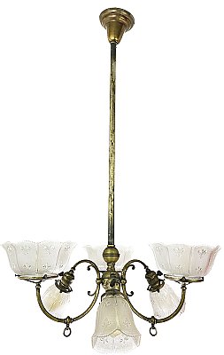 Antique Brass 6-Arm Gas and Electric Ceiling Light Fixture with Prismatic Glass Shades - Circa 1900