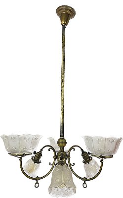 Antique Brass 6-Arm Gas and Electric Ceiling Light Fixture with Prismatic Glass Shades - Circa 1900